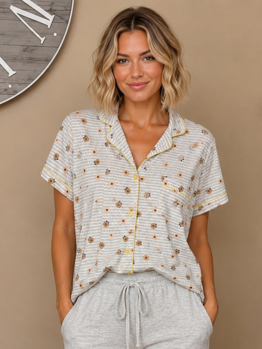 New Rae Dunn 🌻Short-Sleeve PJ Button Shirt - Sunflowers🌻